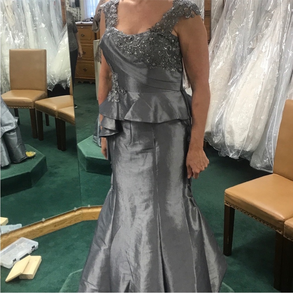 Montage by Mon Cheri Pewter/Silver Embellished Evening Gown